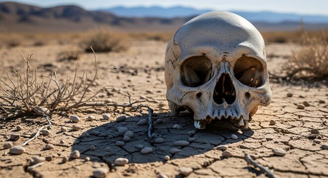 A human skull lies in the dry, cracked earth of a desert landscape with a blurred mountain range in the background.