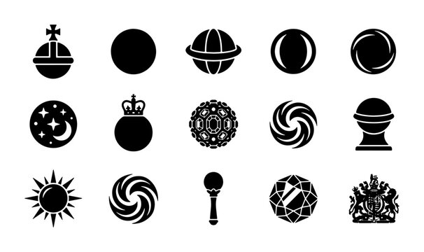 Regal heraldic symbols and celestial icons set, 15 black vector silhouettes of crowns, globes, sun and moon, royal emblem collection for branding