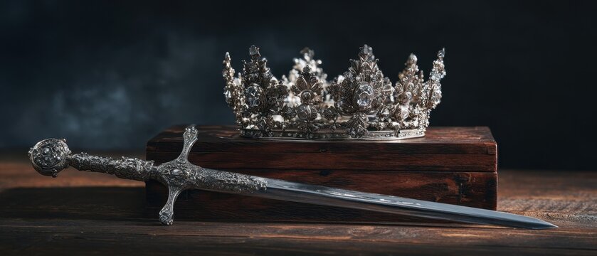 The Crown and Sword Resting on an Antique Wooden Chest in Dramatic Light