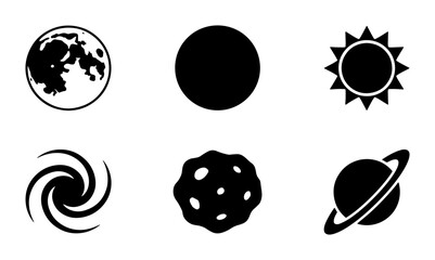 Minimalist space icons set, black celestial bodies vector collection, 6 astronomy symbols including sun moon and saturn planet for web design © Zahirul
