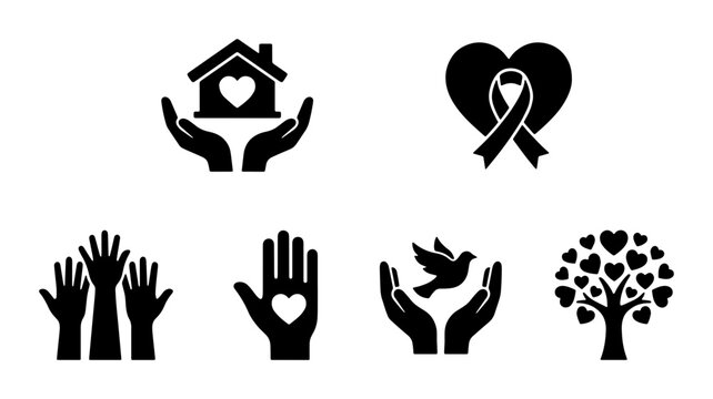 Charity and nonprofit icon set, black silhouette volunteer symbols for community support, 6 donation and kindness vector elements for social work