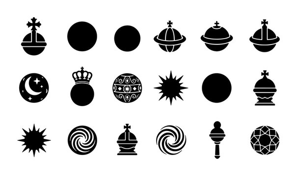Imperial regalia and celestial symbols vector set, 18 black silhouette icons of globus cruciger and royal crowns, mystical astronomy and heraldry elements