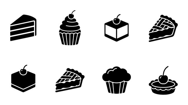 Bakery dessert icon set, black silhouette cake and cupcake vector elements, sweet pastry and pie symbols, 8 food graphics for cafe menu design