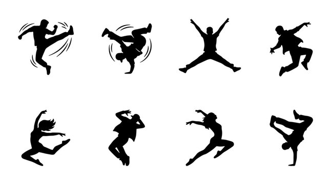 Dynamic breakdance silhouettes set, 8 urban street dancers in action poses, black hip hop dancer vector icons for music and youth culture design
