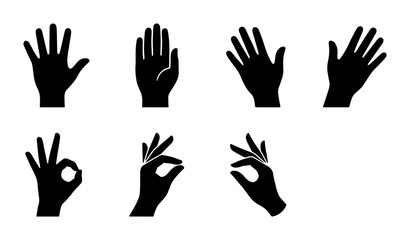 Obraz premium Black hand silhouette icons, 7 human hand gestures set, palm and okay sign vector illustrations