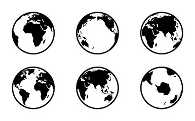 Obraz premium Minimalist world globe icons set, black earth planet vector maps, global geography symbol collection