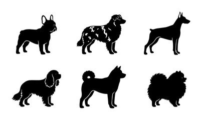 Minimalist dog breed silhouettes, set of 6 canine vector icons, black pet profile illustrations including French Bulldog, Doberman, and Pomeranian © Abu