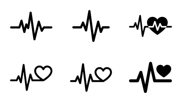 Medical heartbeat line icons, set of 6 black heart rate pulse vector symbols, EKG and ECG cardiogram waves for healthcare and fitness apps