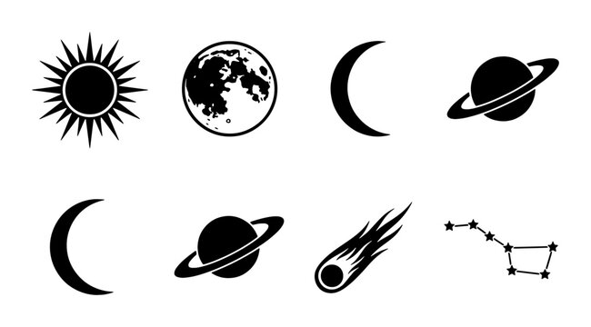 Celestial space icons set, black minimalist astronomy symbols, 8 vector elements featuring sun moon planets and stars for logos and web design
