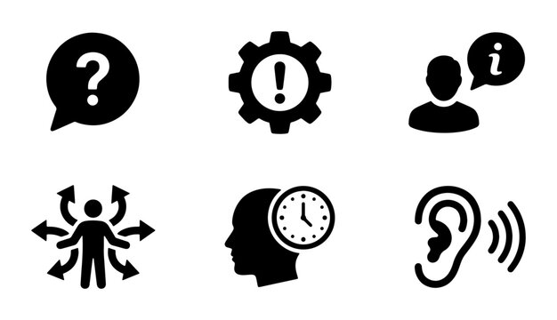 Minimalist customer support icon set, black vector symbols for help desk and information, business communication and troubleshooting icons