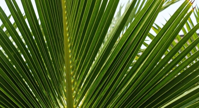 Close-up view of a vibrant green palm frond, showcasing parallel, textured leaf structure
