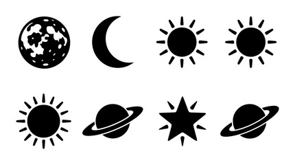 Celestial space icon set, 8 black sun moon and planet vector symbols, astronomy weather signs © Mahmuda