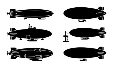 Vintage airship silhouette collection, retro dirigible and zeppelin vector set, 6 black blimp icons for steampunk and aviation design © Lima