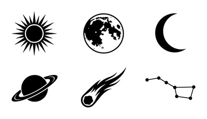 Celestial space icons set, black sun and moon vector silhouettes, 6 astronomy planet symbols © Mahmuda