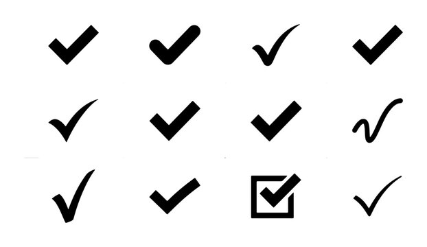 Minimalist check mark icon set, 12 black tick symbols, flat validation signs for web and apps