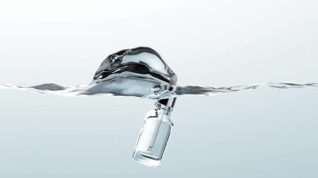 Glass serum bottle with a dropper dips into clear water.
