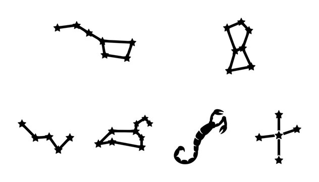 Celestial constellation vector set, black star map icons, zodiac and astronomy symbols on white