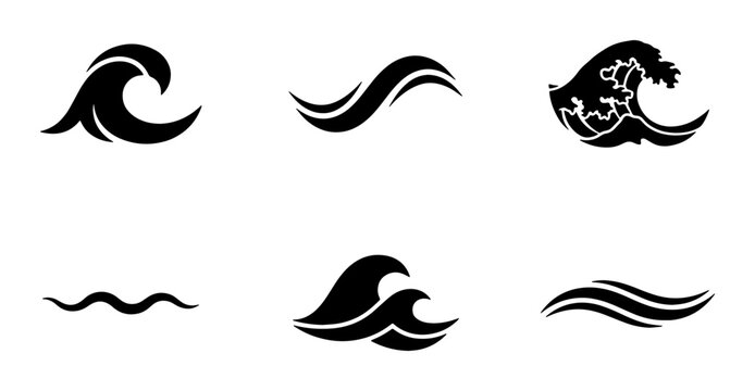 Minimalist ocean wave icons set, black sea surf silhouettes, 6 vector water ripples and cresting wave elements for logo design and branding