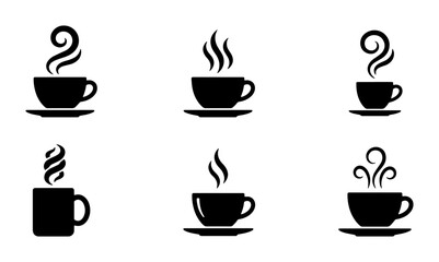 Obraz premium Minimalist coffee cup icons set, black silhouette hot drink mugs with steam, 6 vector beverage symbols for cafe menu and restaurant branding