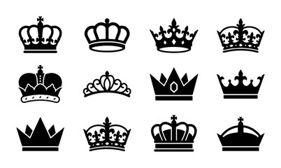 Royal crown silhouettes set, 12 black imperial tiara icons, vintage heraldic king and queen headwear vector, elegant monarch jewelry symbols © Imran