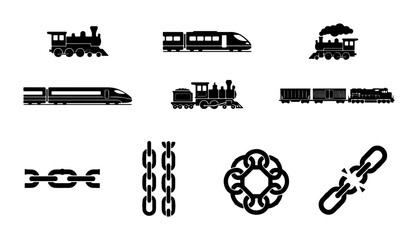 Train and chain icon set, vintage steam locomotive and modern high-speed railway silhouettes, black metal link and broken chain vector elements © Lima