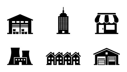 Fototapeta premium Minimalist building icon set, black silhouette real estate symbols, collection of 6 architectural vector elements for urban planning and business maps