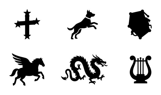Vintage heraldic silhouettes set, 6 black medieval icons including dragon and pegasus, antique mythological symbols for logo design