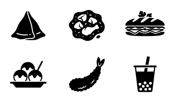 Asian street food icon set, 6 black vector silhouettes of samosa and fried chicken, takoyaki and tempura shrimp, bubble tea and sandwich for menu design