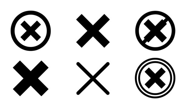 Minimalist black cross mark icon set, 6 vector x symbols for rejection and error, simple delete and cancel buttons for web interface design