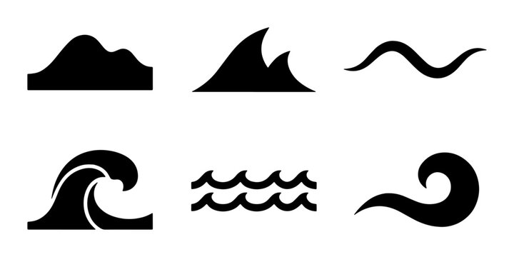 Minimalist ocean wave icons set, black sea surf silhouettes, 6 vector water ripple symbols for logo design and summer branding