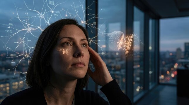 Woman observing intricate neural pathway, brain cell network, cognitive thought mechanism, human mind signal transmission, internal nervous system communication, biochemical hormone release.