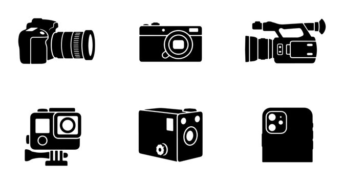 Camera icon set with professional photography equipment, digital SLR and video camera silhouettes, 6 black vector icons for media and film production