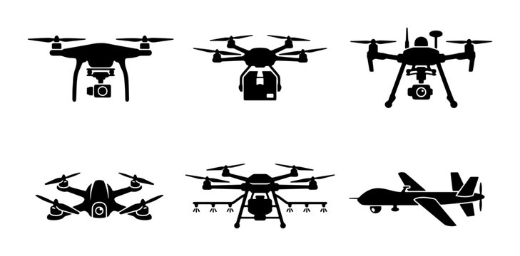 Unmanned aerial vehicle drone icons set, black silhouette quadcopter and hexacopter vector collection, delivery and surveillance drone symbols