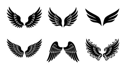 Black wing silhouettes set, 6 pairs of decorative bird and angel wings, heraldic feather wing icons for logo design and tattoo art © Mahfuz