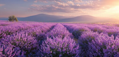 Obraz premium The Lavender Field at Sunrise with Rolling Hills and Golden Light