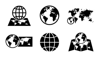 Global world map icon set, black earth globe vector symbols, 6 minimalist atlas and geography illustrations for travel and logistics design © Imran