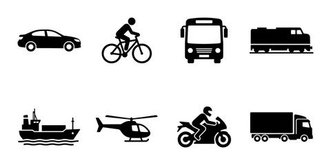 Transportation icons set of 8 black vector silhouettes, vehicle symbols for logistics and travel, car bus train ship helicopter and truck signs © Imran