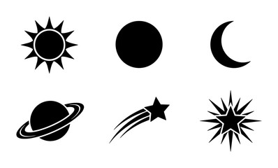 Celestial space icons set, black minimalist sun and moon silhouettes, flat vector planet and shooting star symbols for astronomy design © Mahfuz