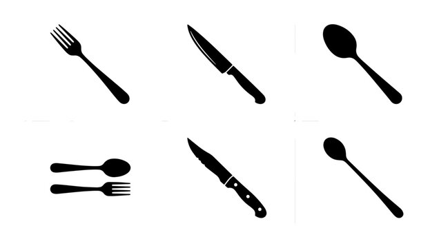 Black cutlery silhouette icons set, minimalist kitchen utensil vector collection, fork knife and spoon symbols for restaurant menu design