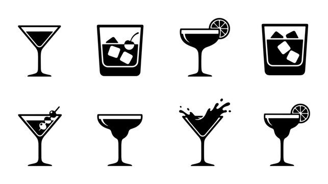 Minimalist cocktail icons set, black alcoholic beverage silhouettes, set of 8 drink vector illustrations for bar menus and signage