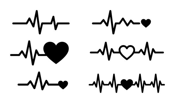 Heartbeat line vector icons set, medical EKG pulse rhythm symbols with heart shapes, black electrocardiogram wave graphics on white background