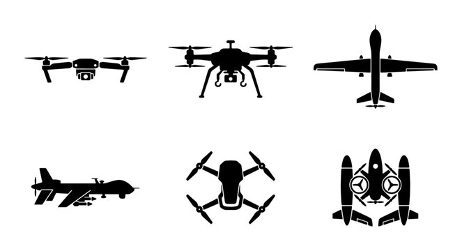 Unmanned aerial vehicle silhouette set, 6 drone and military uav icons, black quadcopter and surveillance aircraft vector collection