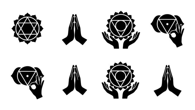 Sacred chakra symbols and yoga mudra hand icons, spiritual meditation energy signs, black silhouette esoteric vector set for wellness branding