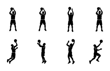 Basketball player silhouettes set, 8 athlete vector icons shooting and jumping, black sport figures isolated on white background, basketball action poses © Shariful