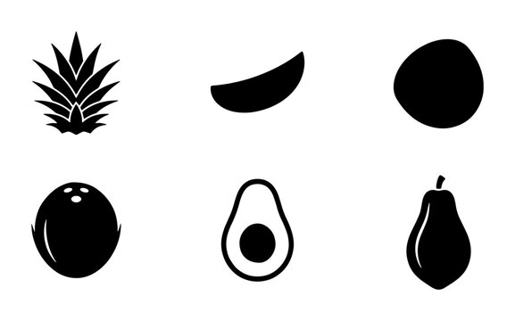 Minimalist tropical fruit icons set, black silhouette exotic food symbols, 6 vector elements including pineapple coconut and avocado for menu design