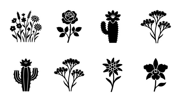 Minimalist black flower icons set, 8 botanical silhouette vector elements, floral rose and cactus symbols, garden plant graphics for logo design