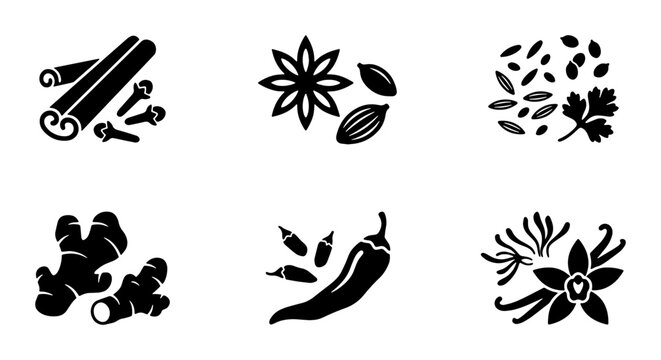 Culinary spices and herbs icon set, black silhouette spice collection with cinnamon and ginger, organic seasoning vector elements for food packaging