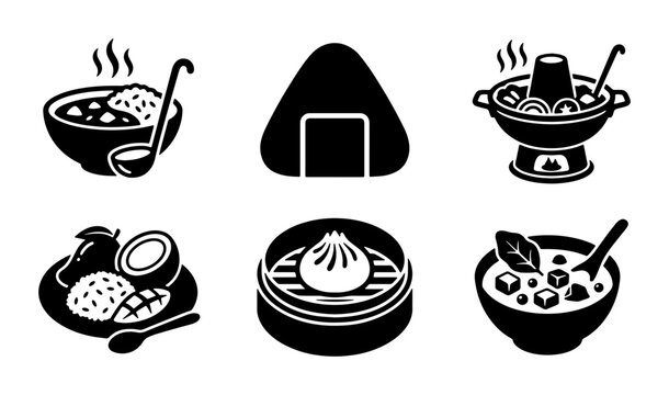 Asian food icons set, black and white vector illustrations of dim sum, hot pot, and onigiri, traditional oriental cuisine symbols for restaurant menus