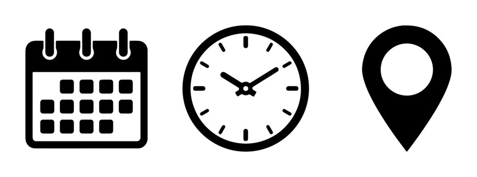 Minimalist black event icons set, calendar clock and location pin vector graphics, simple scheduling and navigation symbols for web design