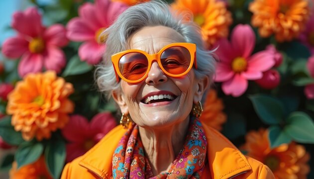 Elderly woman with grey hair wears orange sunglasses, jacket. She smiles broadly outdoors amid colorful flowers. She has vibrant, confident, fashionable look, representing individuality, joy.